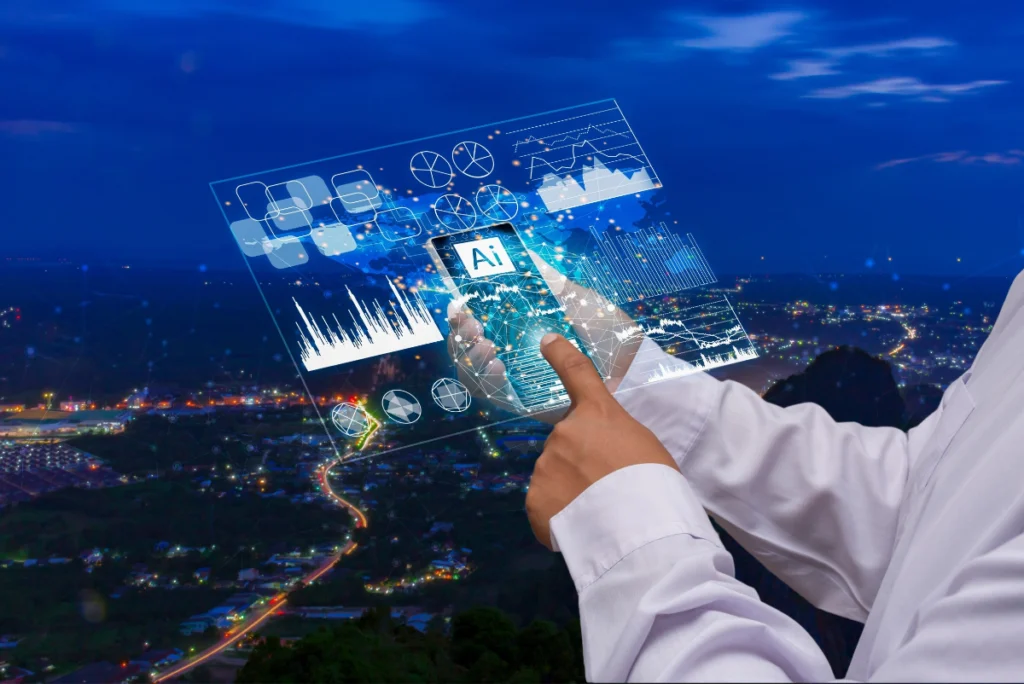 AI man holding a phone with holograms